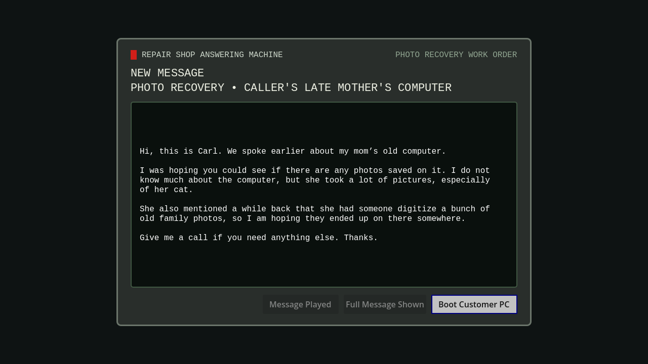 The repair shop answering machine playing Carl's voicemail.