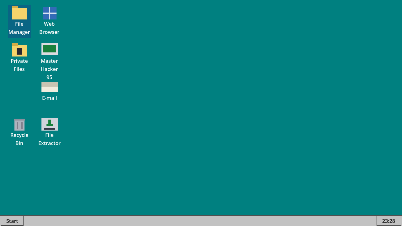 The teal Pebblet OS desktop with File Manager, Private Files, e-mail, browser and the shop's tools.