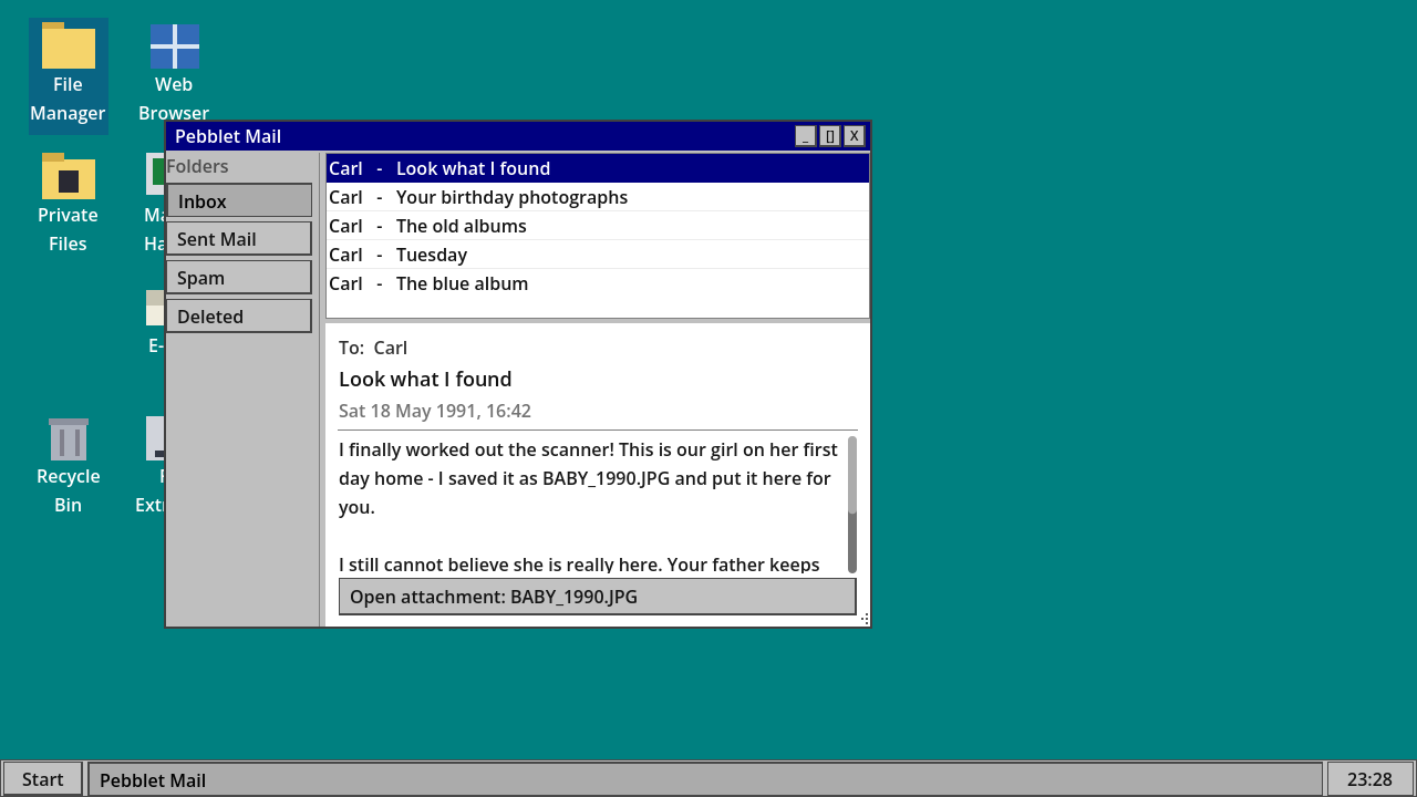 Pebblet Mail showing a sent message with the BABY_1990.JPG attachment.