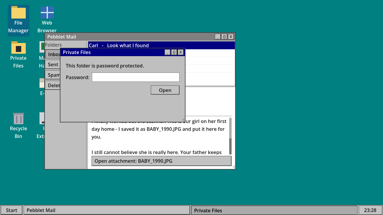The Private Files folder asking for a password, with no hint.