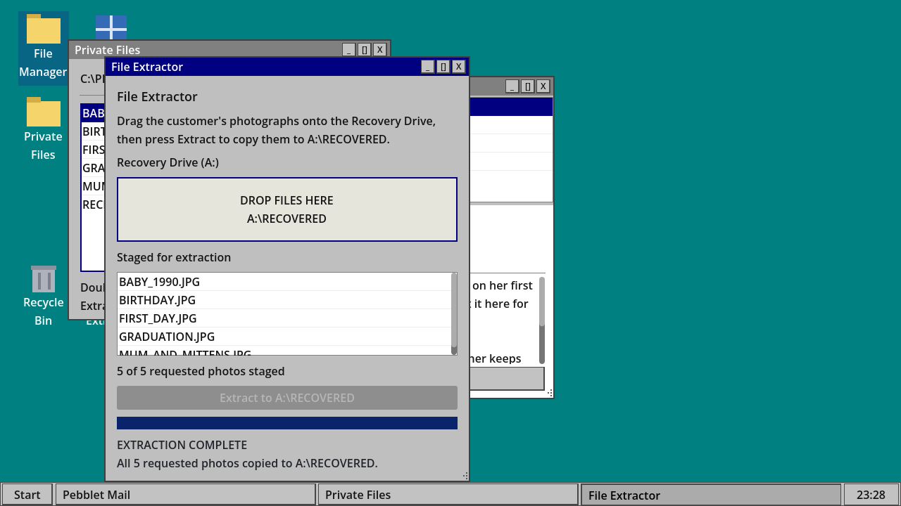 The File Extractor reporting that all five requested photos were copied.